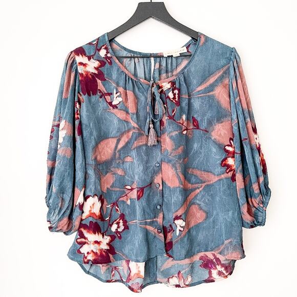 LoveStitch | Floral Puff Sleeve Blouse Blue | S - Picture 1 of 11